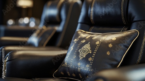 Close-up of premium stadium seating, modern luxury design, dark leather with gold accents, capturing exclusivity and high-end event experience at sports venues
