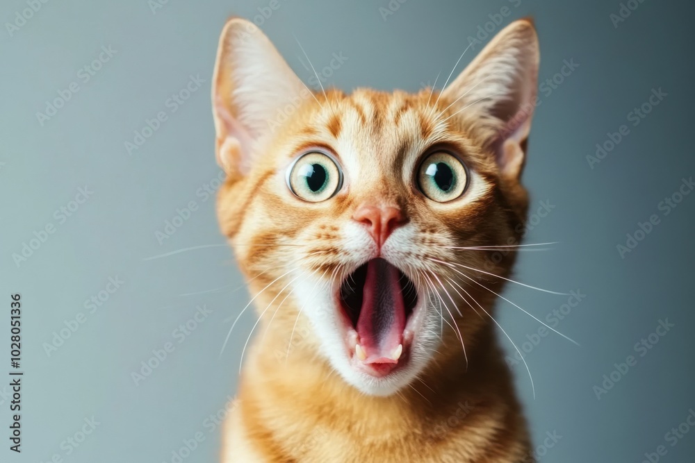 Shocked cat with big eyes isolated on simple background, funny animal expression, cute and surprised face Shocked cat with big eyes isolated on simple background, funny animal expression, cute and surprised face
