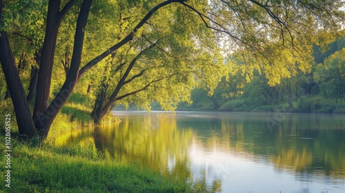 Tranquil river reflecting lush greenery at sunrise.