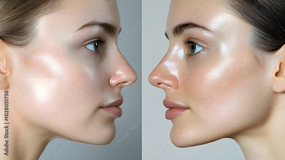Side-by-side before-and-after images of a patient's nose, with focus on enhanced nasal airflow and appearance, soft natural lighting, Photorealistic Side-by-side before-and-after images of a patient's nose, with focus on enhanced nasal airflow and appearance, soft natural lighting, Photorealistic