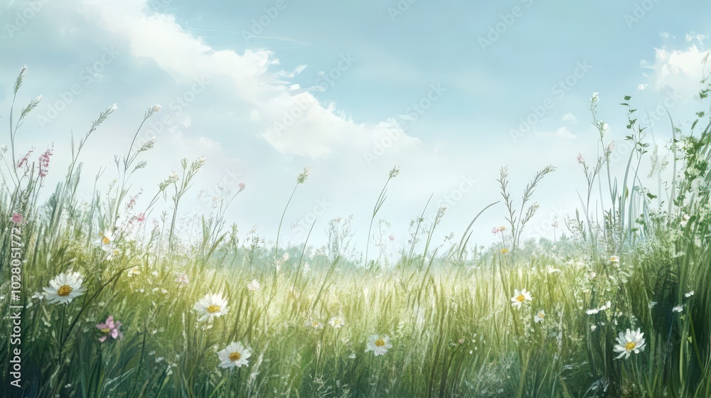 Sunny meadow with wildflowers under a bright blue sky. Sunny meadow with wildflowers under a bright blue sky.