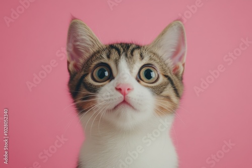 Shocked cat with big eyes isolated on simple background, funny animal expression, cute and surprised face