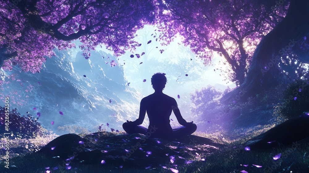 Fototapeta premium Mindbody healing, person surrounded by light in nature, 3D illustration