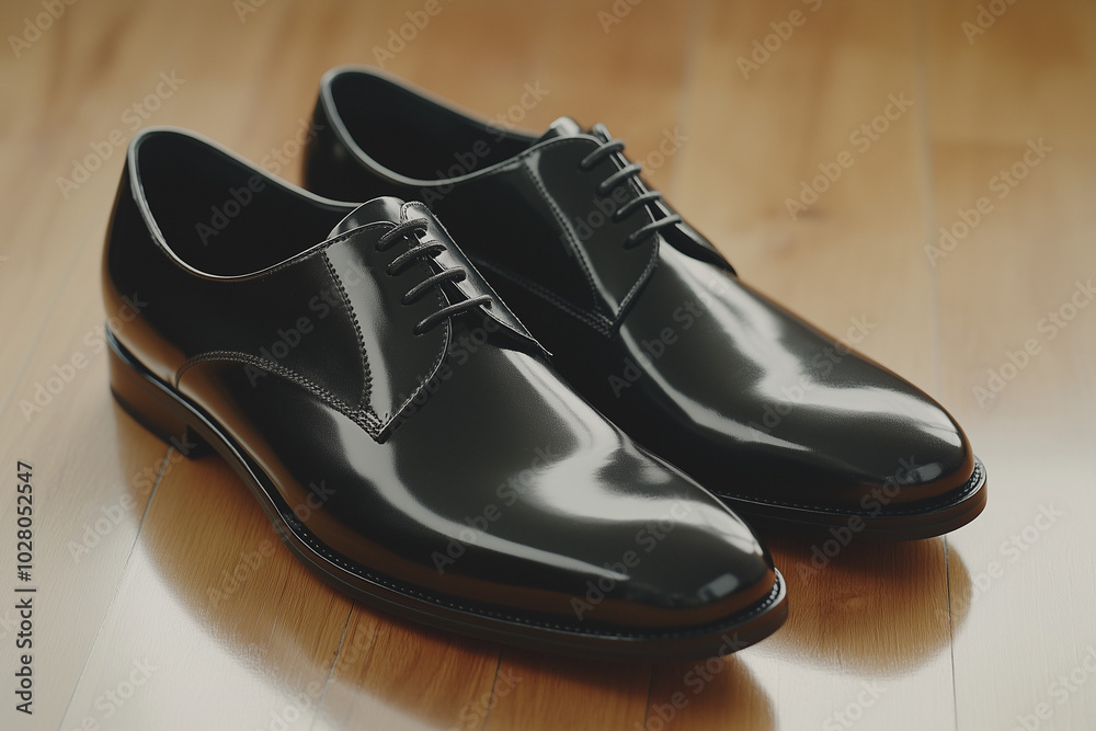 Polished black formal shoes neatly displayed on a wooden floor exuding elegance. Polished black formal shoes neatly displayed on a wooden floor exuding elegance.