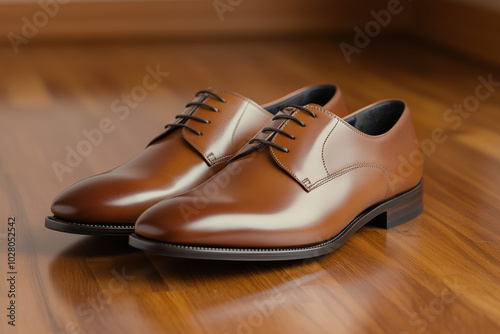 Elegant brown leather formal shoes on a wooden floor, polished and refined.