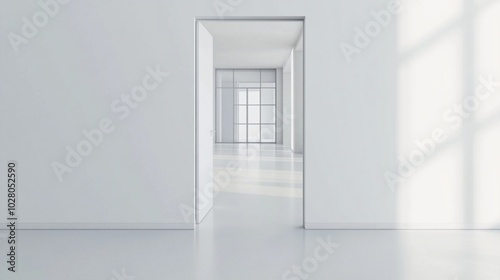 Minimalist white interior with open doorway leading to bright, sunlit room. Architectural simplicity and clean lines create serene, modern aesthetic.