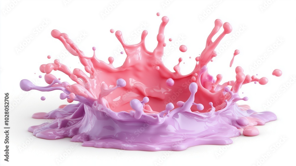 Naklejka premium Splash of pink and purple paint on a white background. The colors are vibrant and the splash looks like it's been created by a playful hand