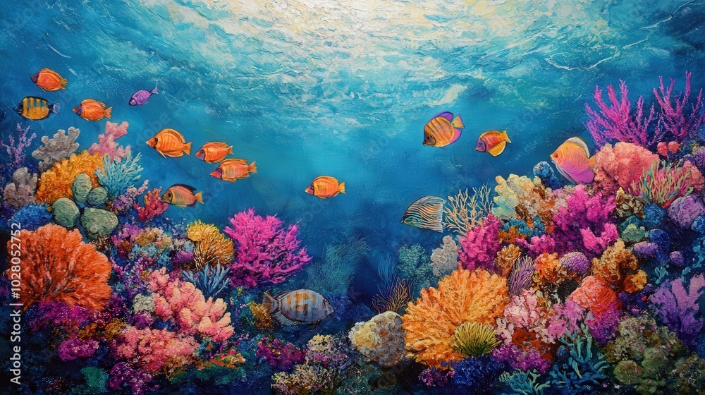 Fototapeta premium Vibrant coral reef teeming with colorful fish in crystal clear waters.