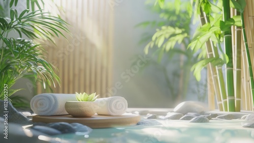 Bamboo massage, tranquil spa with nature elements, 3D illustration photo