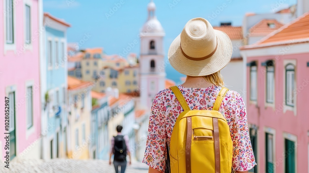 Fototapeta premium Traveler walking along the cobblestone streets of Lisbon, Portugal, admiring the colorful tiles and architecture Lisbon, Portugal, cultural exploration