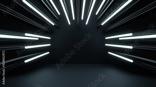 Fototapeta Naklejka Na Ścianę i Meble -  Black room with white lights shining through the ceiling. The lights are arranged in a way that creates a sense of depth and space. The room appears to be empty