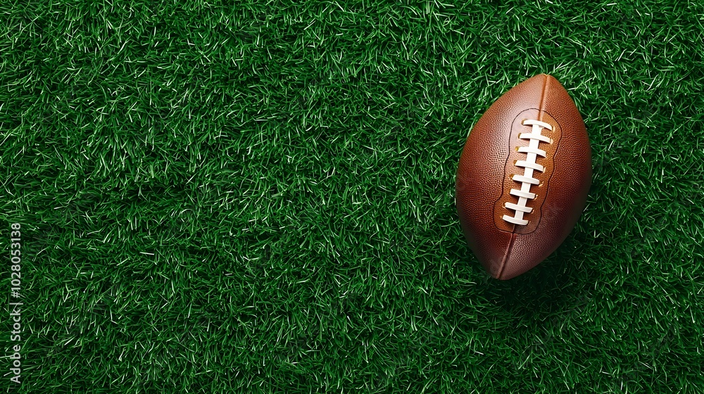 Top-down shot of a traditional American football lying on bright, evenly spread green field grass, open space on both sides for easy text integration Top-down shot of a traditional American football lying on bright, evenly spread green field grass, open space on both sides for easy text integration
