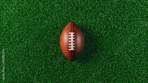 Top-down shot of a traditional American football lying on bright, evenly spread green field grass, open space on both sides for easy text integration