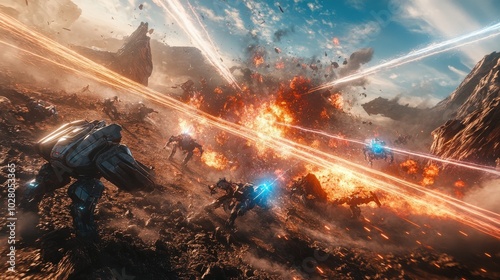 Epic futuristic battle scene with robots and explosions in a rugged landscape.