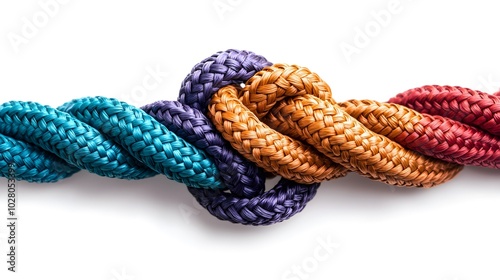 Vivid ropes in various colors tied into a complex knot, isolated on white, unity in diversity concept for teamwork