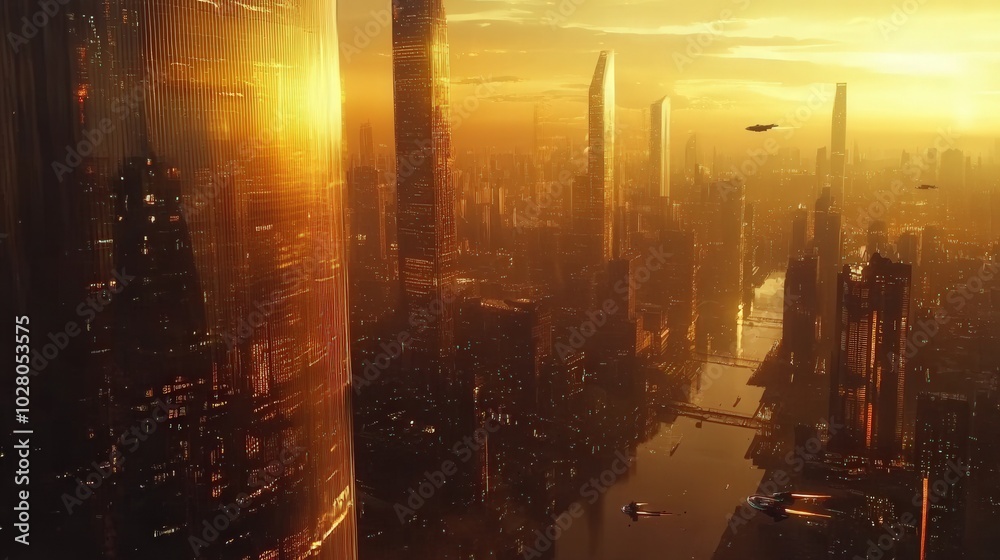 Naklejka premium Futuristic cityscape at sunset with towering skyscrapers and flying vehicles.