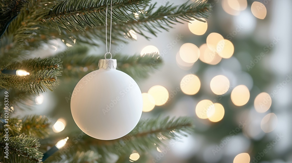 Elegant White Christmas Ornament on a Tree with Lights Elegant White Christmas Ornament on a Tree with Lights