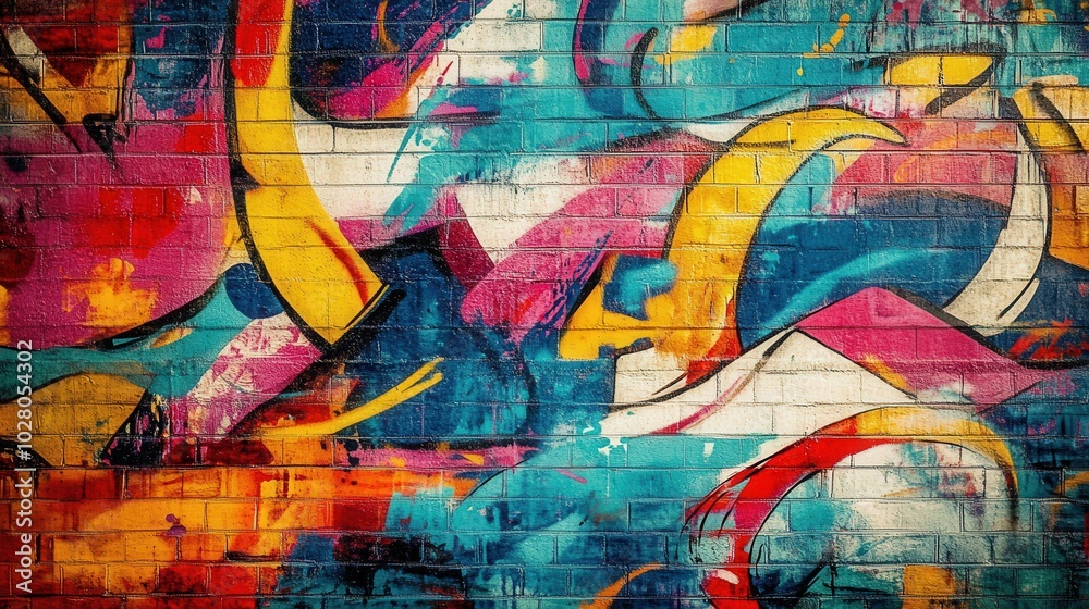 Vibrant, abstract street art on a brick wall. Vibrant, abstract street art on a brick wall.