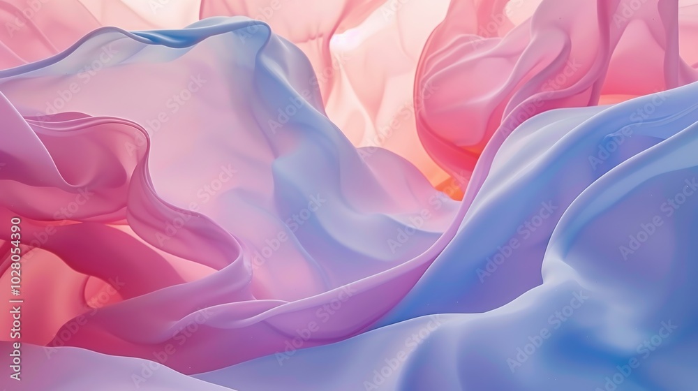 Obraz premium Wallpaper An abstract image of pastel pink, purple and blue fabric flowing and creating a wavy pattern