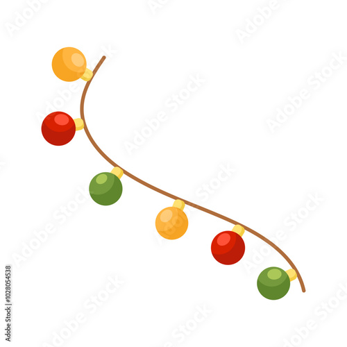 Cartoon hanging Christmas garland with colorful lightbulbs for holiday decorations isolated on white background.
