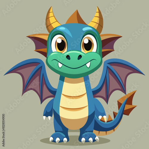 Adorable Baby Dragon: A charming illustration of a friendly, blue baby dragon with large, expressive eyes and outstretched wings. Perfect for children's books, games, and whimsical designs.