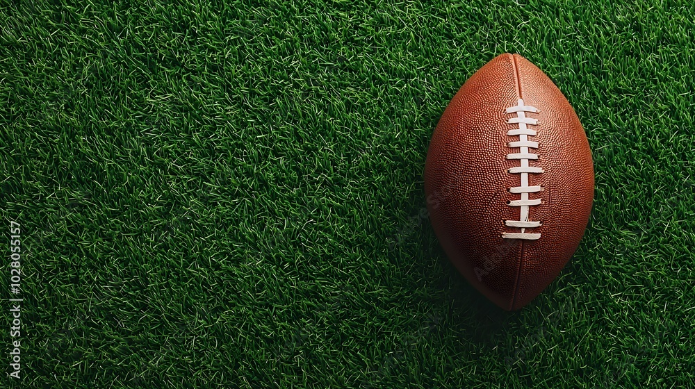 Obraz premium Top view of a rugged American football on bright green field grass, wide open field of view, ideal for text placement on either side