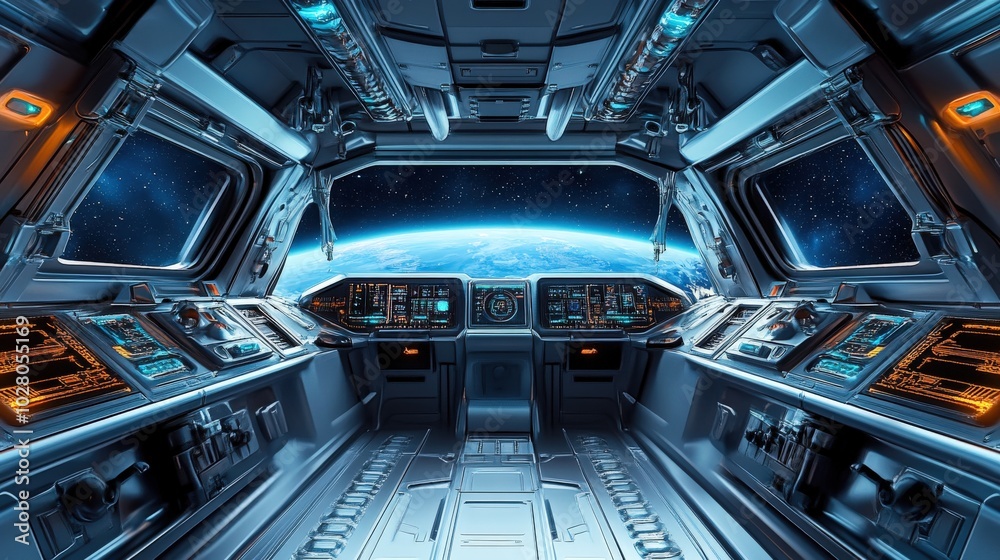 Fototapeta premium Futuristic spacecraft cockpit with Earth view from orbit.