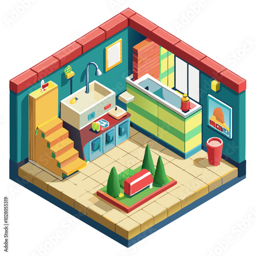 Isometric Bathroom Design: Modern and vibrant isometric illustration of a stylish bathroom interior, featuring a unique layout, colorful cabinets, and quirky details. Perfect for web design.