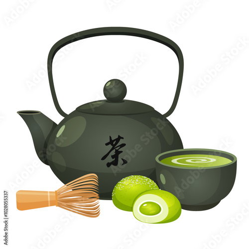 Tea ceremony with teapot and cup of matcha tea, mochi dessert and matcha stirrer near.