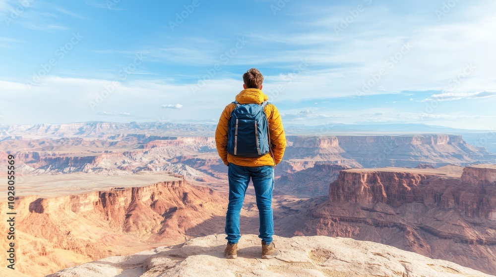 A hiker stands on a cliff edge overlooking vast canyons under a blue sky, enjoying nature's grand scenery. A hiker stands on a cliff edge overlooking vast canyons under a blue sky, enjoying nature's grand scenery.