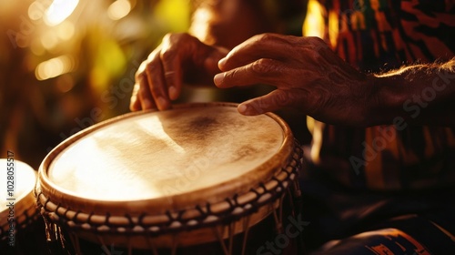 A close-up of rhythmic drumming with soft lighting and peaceful atmosphere, calming rhythmic flow,