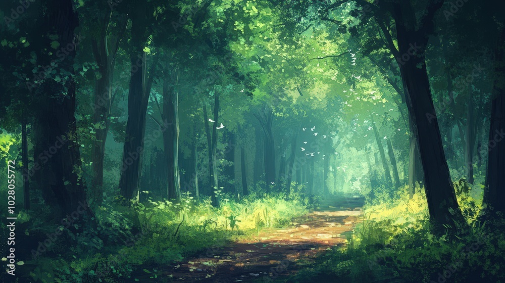 Obraz premium Serene forest path illuminated by gentle sunlight.