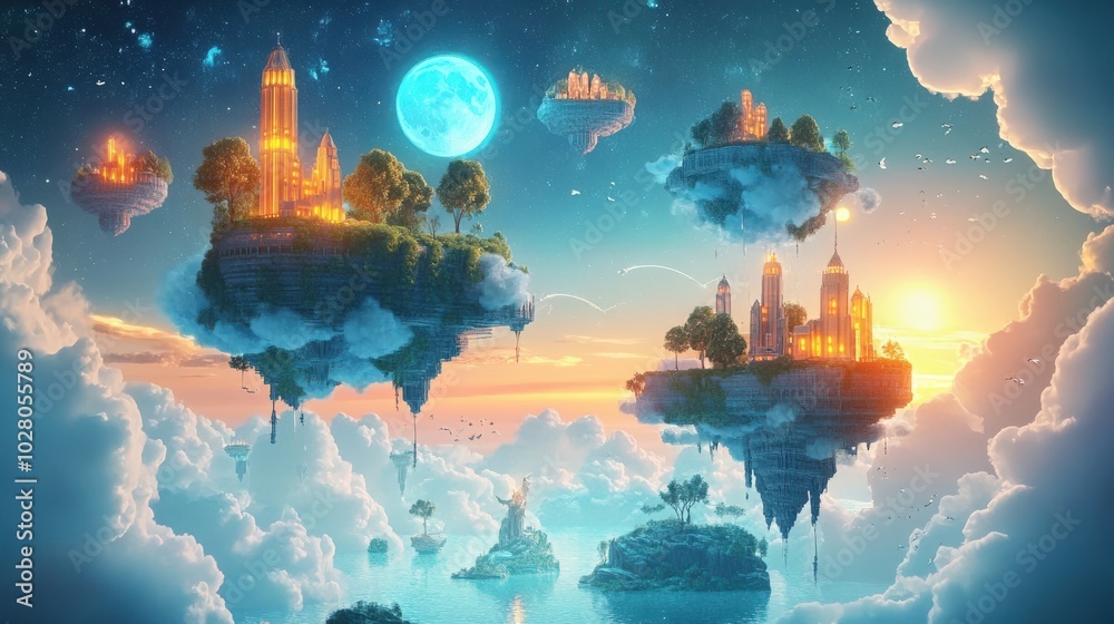 Obraz premium Floating cities in a magical twilight with glowing structures and a full moon.
