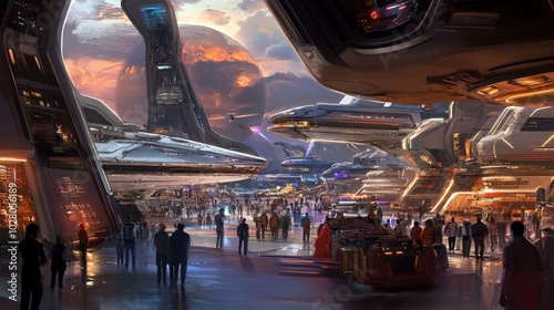 Futuristic spaceport bustling with diverse travelers and advanced spacecraft.