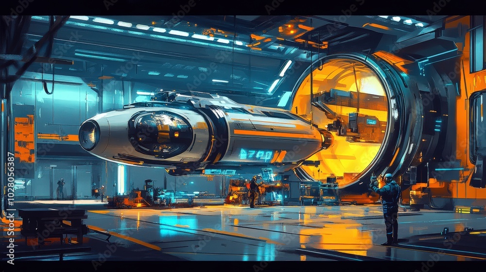 Futuristic spaceship in a high-tech hangar with engineers at work. Futuristic spaceship in a high-tech hangar with engineers at work.
