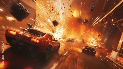 Explosive car chase scene with fiery explosions and intense action.