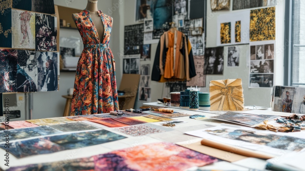 Obraz premium A creative fashion studio with mood boards, fabric swatches, and sketches of trendy fashion designs