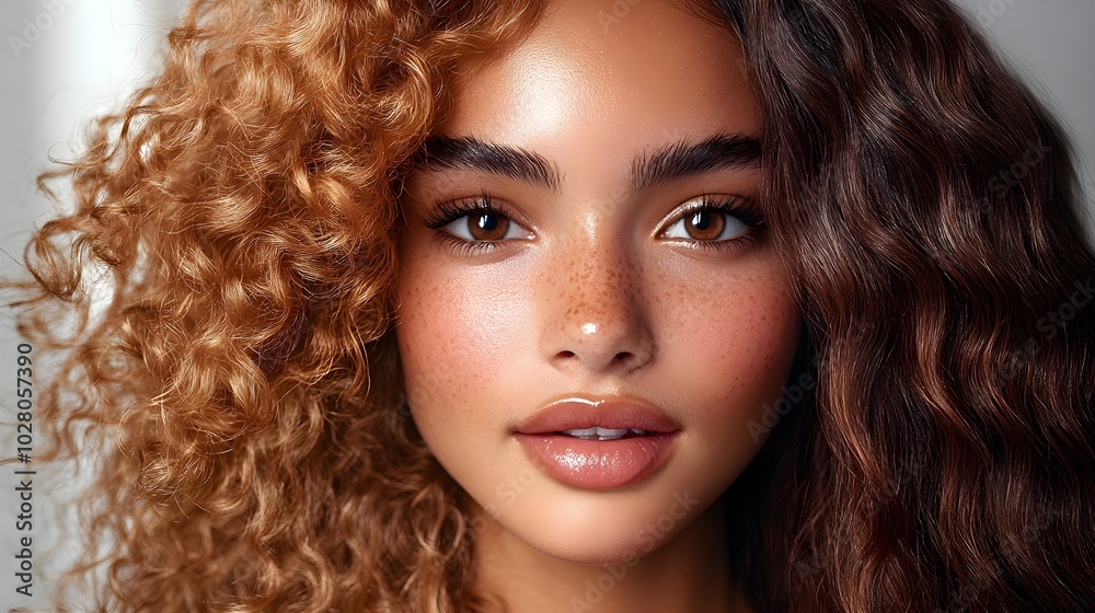 Before-and-after close-up of curly hair, showing the transition from dry and frizzy to soft, hydrated curls after a honey mask treatment, Photorealistic, Natural Lighting Before-and-after close-up of curly hair, showing the transition from dry and frizzy to soft, hydrated curls after a honey mask treatment, Photorealistic, Natural Lighting