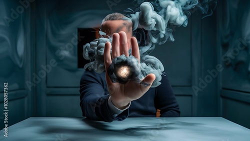 Partial view of male hand in grey smoke