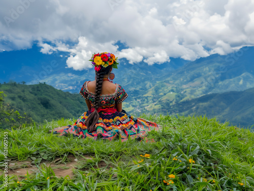 woman sitting in the mountains