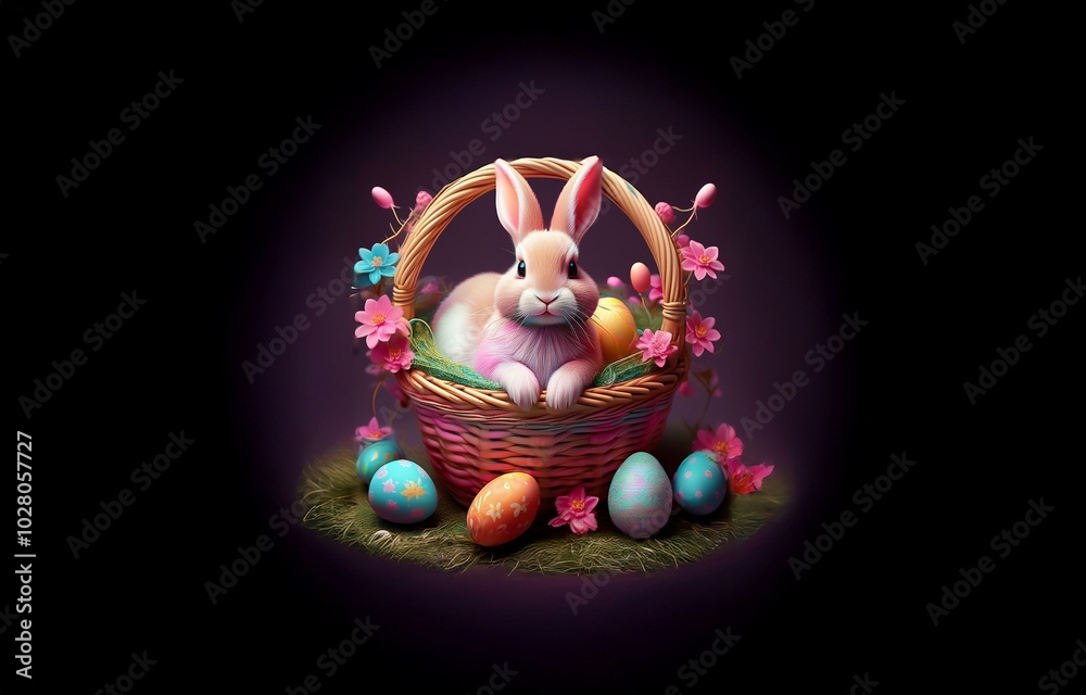 Fototapeta premium A cute bunny sits in a wicker basket with colorful Easter eggs.