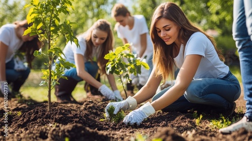 A group of volunteers from various backgrounds planting trees in a community park