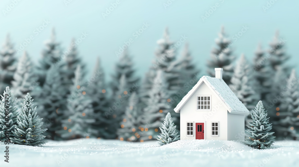 A charming white house surrounded by snow-covered trees in a winter landscape. Cozy and serene atmosphere, perfect for holiday themes and illustrations. A charming white house surrounded by snow-covered trees in a winter landscape. Cozy and serene atmosphere, perfect for holiday themes and illustrations.