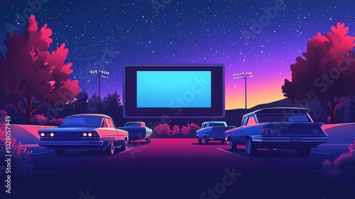 Retro cars parked at an outdoor drive-in theater under a starry night sky.