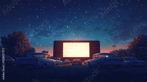 Vintage drive-in movie theater under a starlit sky.