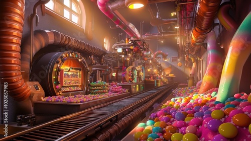 Colorful candy factory with vibrant machinery and rainbow sweets.