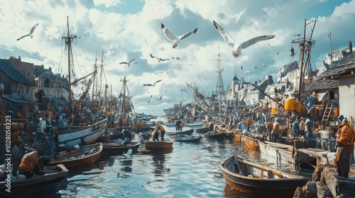 Bustling medieval fishing port with boats and seagulls.