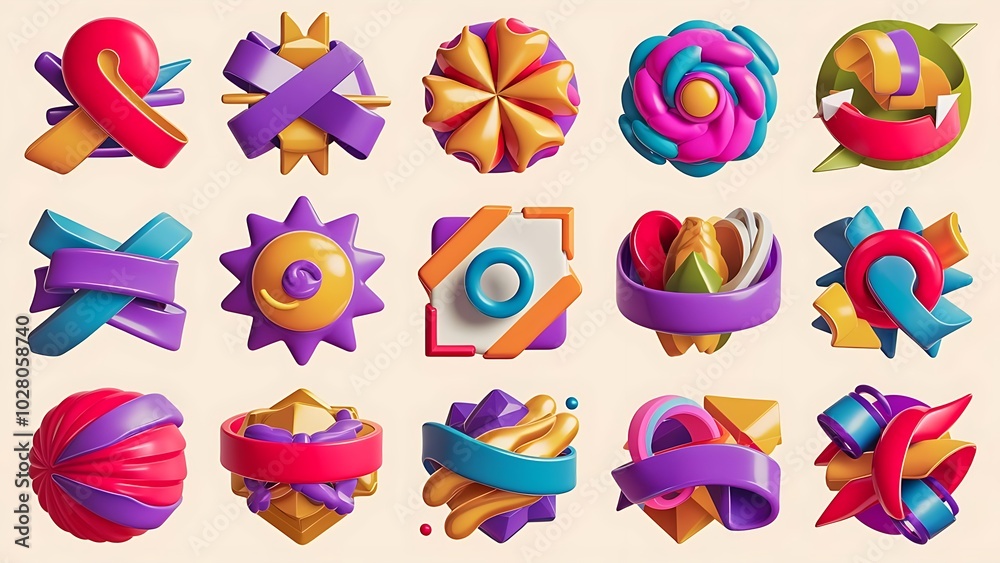 Abstract 3d icon set with colorful ribbon elements isolated on background Abstract 3d icon set with colorful ribbon elements isolated on background