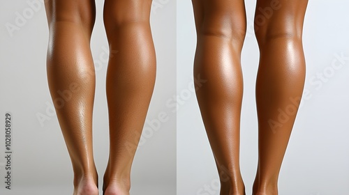 Clear before-and-after view of epilation on legs, showcasing thick hair growth before treatment and silky smooth, hair-free skin after repeated sessions photo