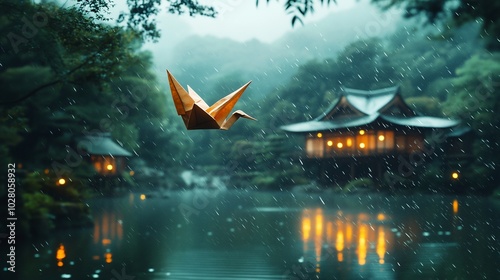 A paper crane flies over a serene Japanese garden during a rainy day.